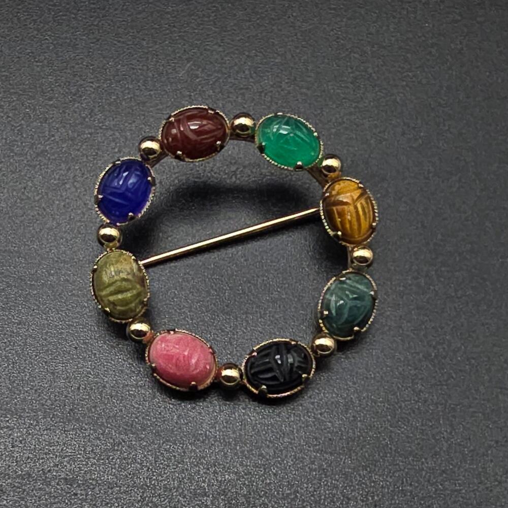 KL 12K Gold Filled Scarab Brooch Gemstone Colorful Egyptian Revival